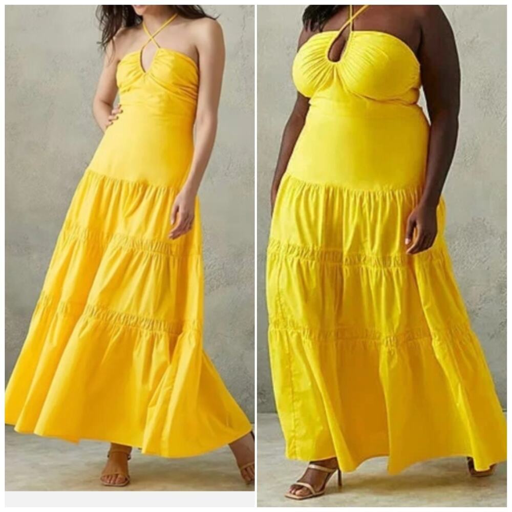 NEW Prabal Gurung Sunflower Yellow Halter Top Tiered Maxi Dress 18W Vacation